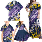 Personalized Melbourne Storm Rugby Family Matching Off Shoulder Maxi Dress and Hawaiian Shirt Urban Street Graffiti Style - Distressed Splatter Elements