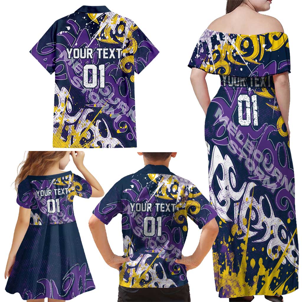 Personalized Melbourne Storm Rugby Family Matching Off Shoulder Maxi Dress and Hawaiian Shirt Urban Street Graffiti Style - Distressed Splatter Elements