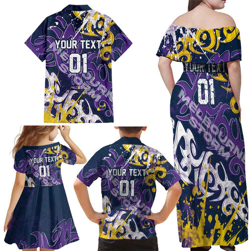 Personalized Melbourne Storm Rugby Family Matching Off Shoulder Maxi Dress and Hawaiian Shirt Urban Street Graffiti Style - Distressed Splatter Elements