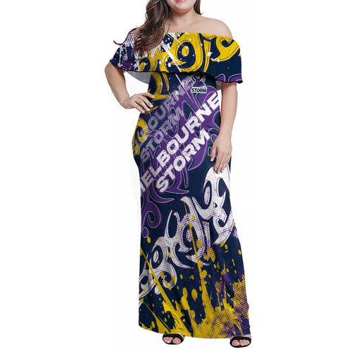 Personalized Melbourne Storm Rugby Family Matching Off Shoulder Maxi Dress and Hawaiian Shirt Urban Street Graffiti Style - Distressed Splatter Elements