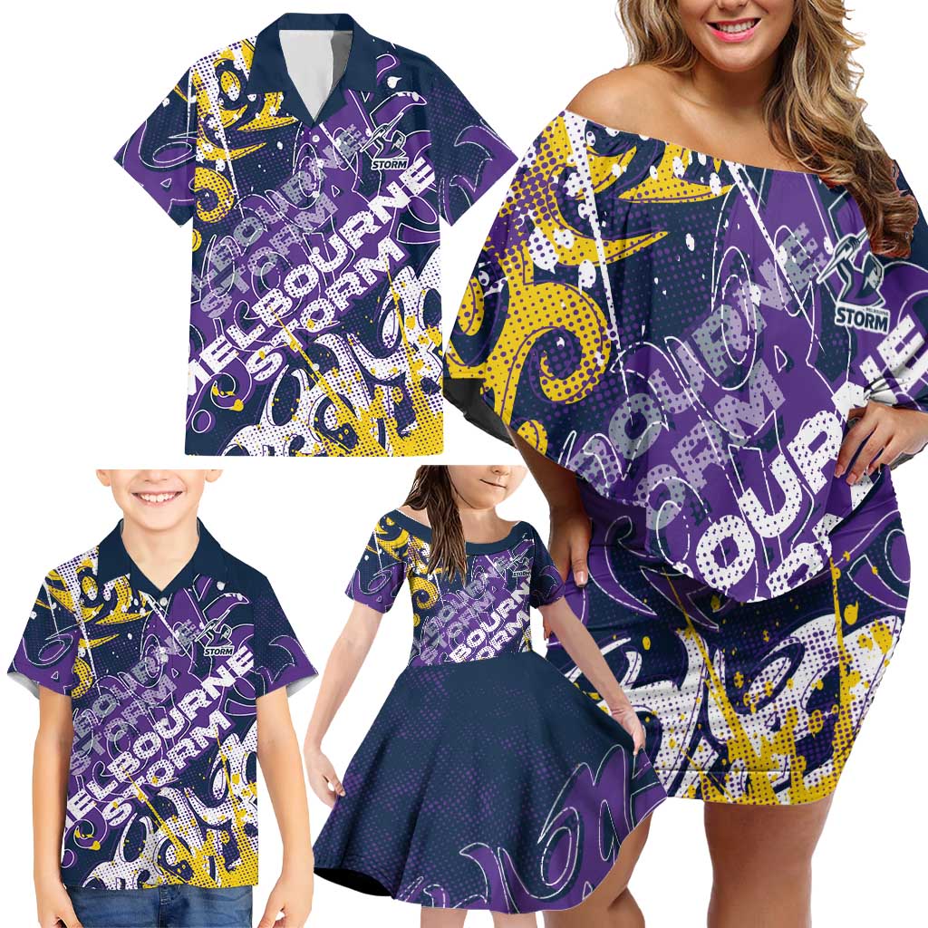 Personalized Melbourne Storm Rugby Family Matching Off Shoulder Short Dress and Hawaiian Shirt Urban Street Graffiti Style - Distressed Splatter Elements