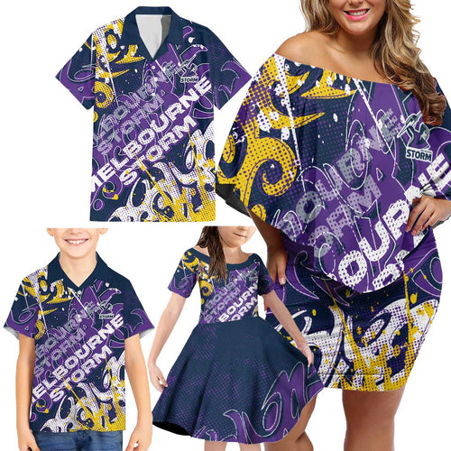 Personalized Melbourne Storm Rugby Family Matching Off Shoulder Short Dress and Hawaiian Shirt Urban Street Graffiti Style - Distressed Splatter Elements