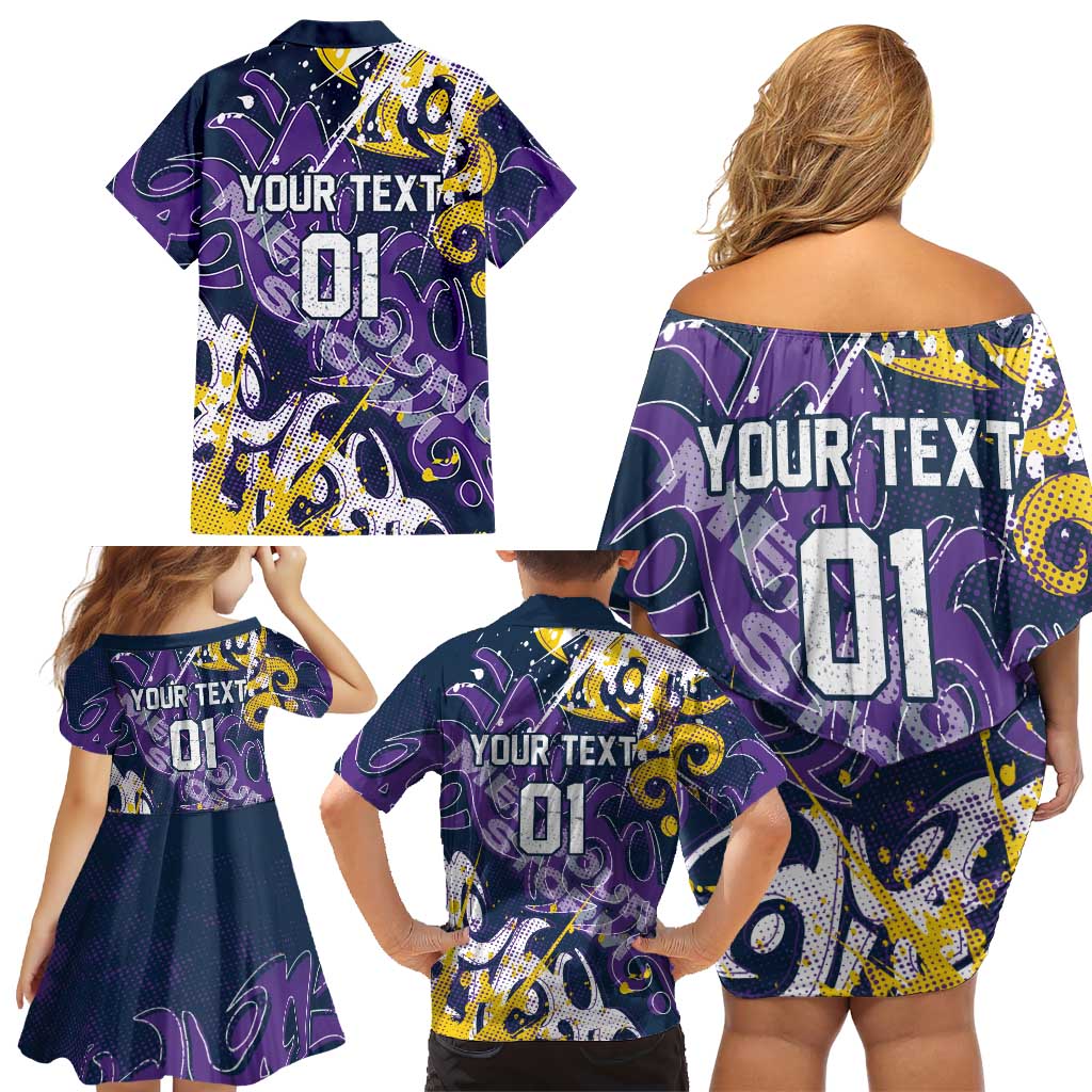 Personalized Melbourne Storm Rugby Family Matching Off Shoulder Short Dress and Hawaiian Shirt Urban Street Graffiti Style - Distressed Splatter Elements