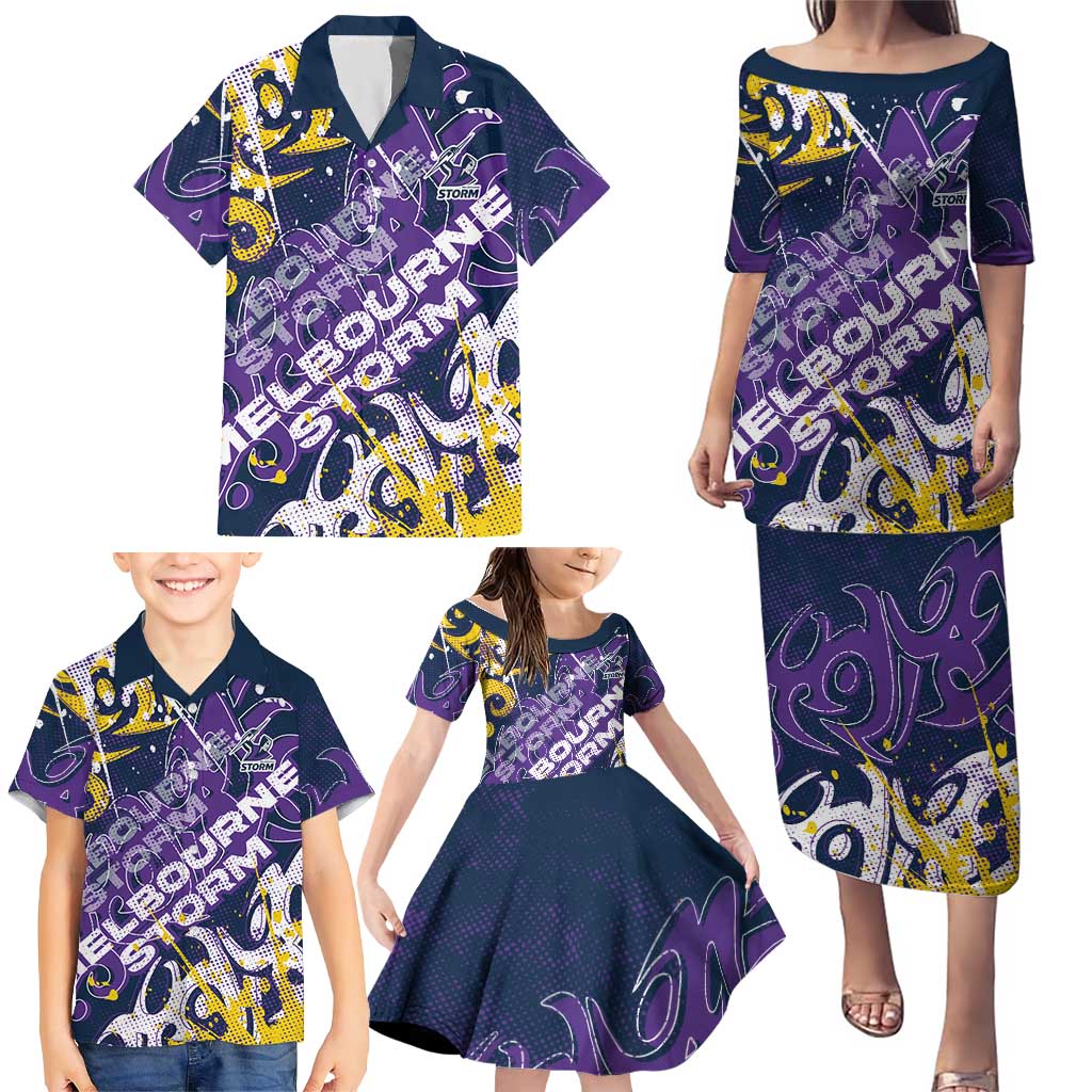 Personalized Melbourne Storm Rugby Family Matching Puletasi and Hawaiian Shirt Urban Street Graffiti Style - Distressed Splatter Elements