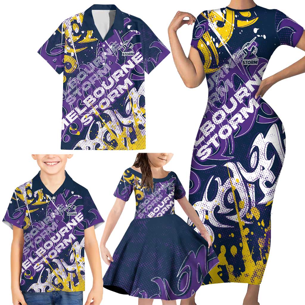 Personalized Melbourne Storm Rugby Family Matching Short Sleeve Bodycon Dress and Hawaiian Shirt Urban Street Graffiti Style - Distressed Splatter Elements