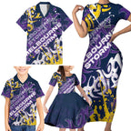 Personalized Melbourne Storm Rugby Family Matching Short Sleeve Bodycon Dress and Hawaiian Shirt Urban Street Graffiti Style - Distressed Splatter Elements