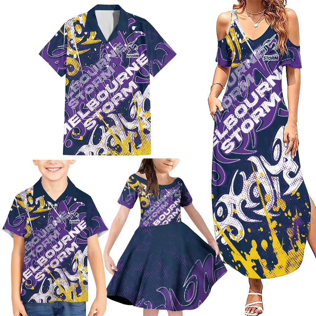 Personalized Melbourne Storm Rugby Family Matching Summer Maxi Dress and Hawaiian Shirt Urban Street Graffiti Style - Distressed Splatter Elements