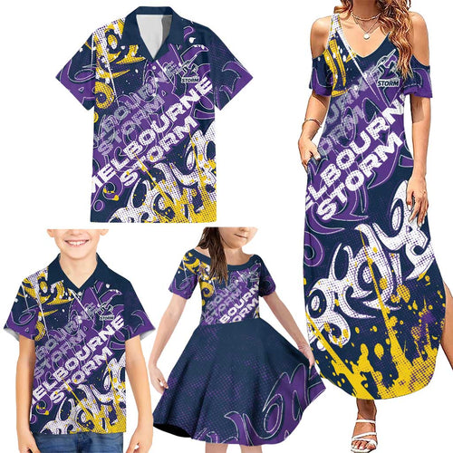 Personalized Melbourne Storm Rugby Family Matching Summer Maxi Dress and Hawaiian Shirt Urban Street Graffiti Style - Distressed Splatter Elements