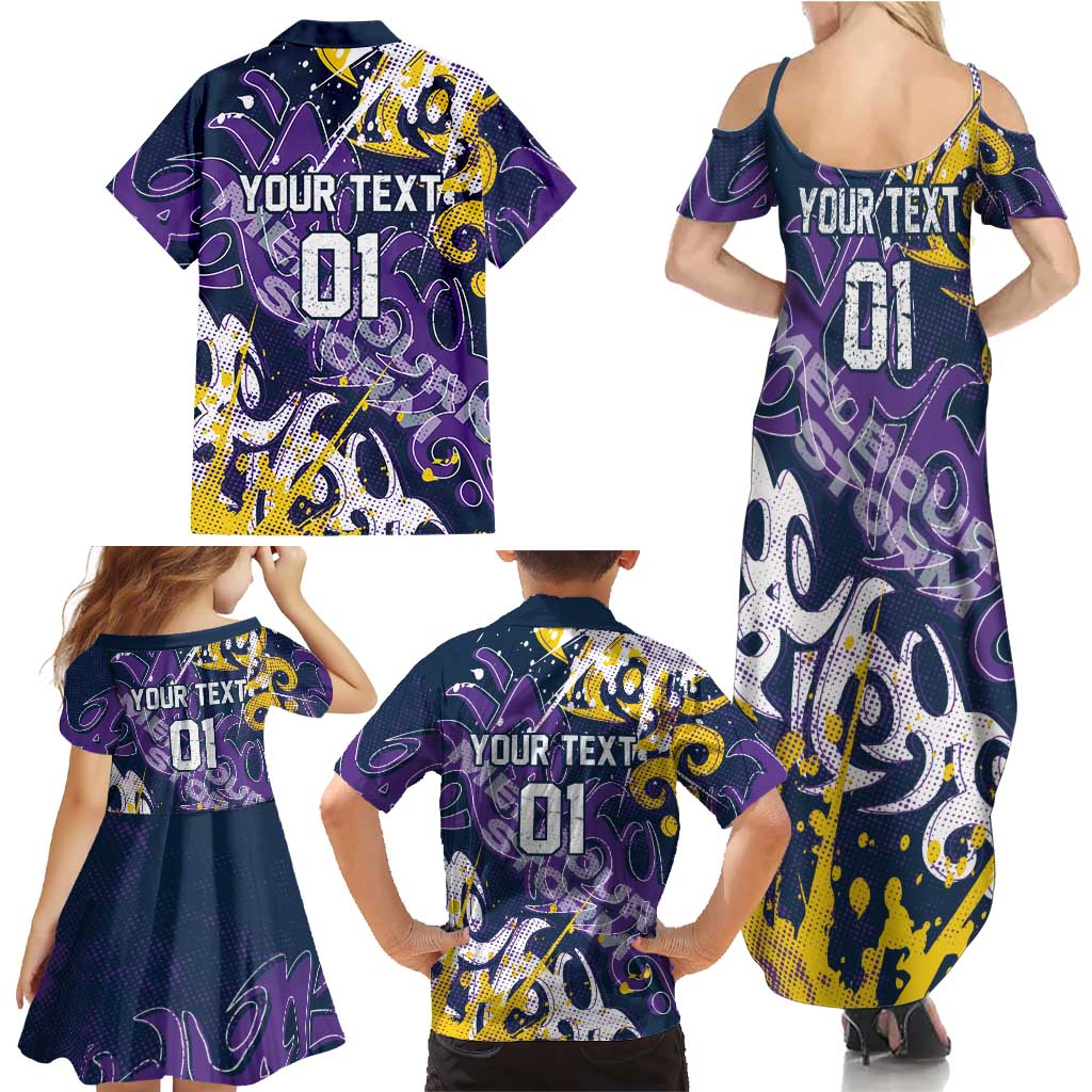 Personalized Melbourne Storm Rugby Family Matching Summer Maxi Dress and Hawaiian Shirt Urban Street Graffiti Style - Distressed Splatter Elements