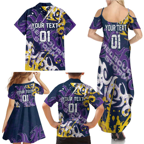 Personalized Melbourne Storm Rugby Family Matching Summer Maxi Dress and Hawaiian Shirt Urban Street Graffiti Style - Distressed Splatter Elements