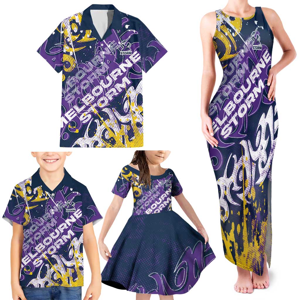 Personalized Melbourne Storm Rugby Family Matching Tank Maxi Dress and Hawaiian Shirt Urban Street Graffiti Style - Distressed Splatter Elements