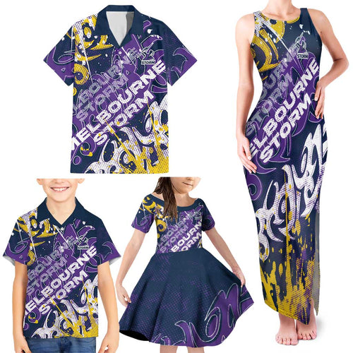 Personalized Melbourne Storm Rugby Family Matching Tank Maxi Dress and Hawaiian Shirt Urban Street Graffiti Style - Distressed Splatter Elements