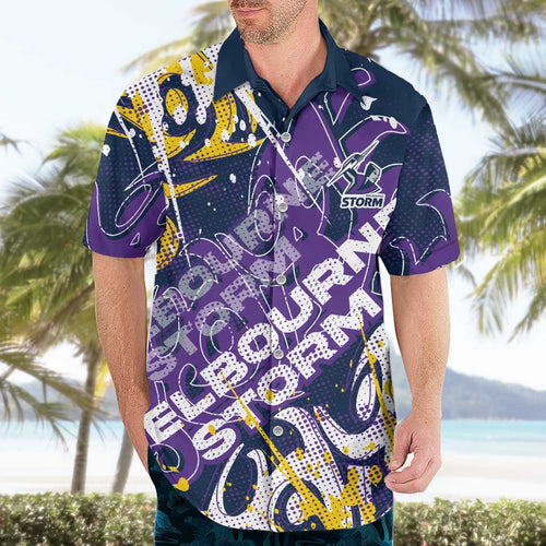Personalized Melbourne Storm Rugby Hawaiian Shirt Urban Street Graffiti Style - Distressed Splatter Elements