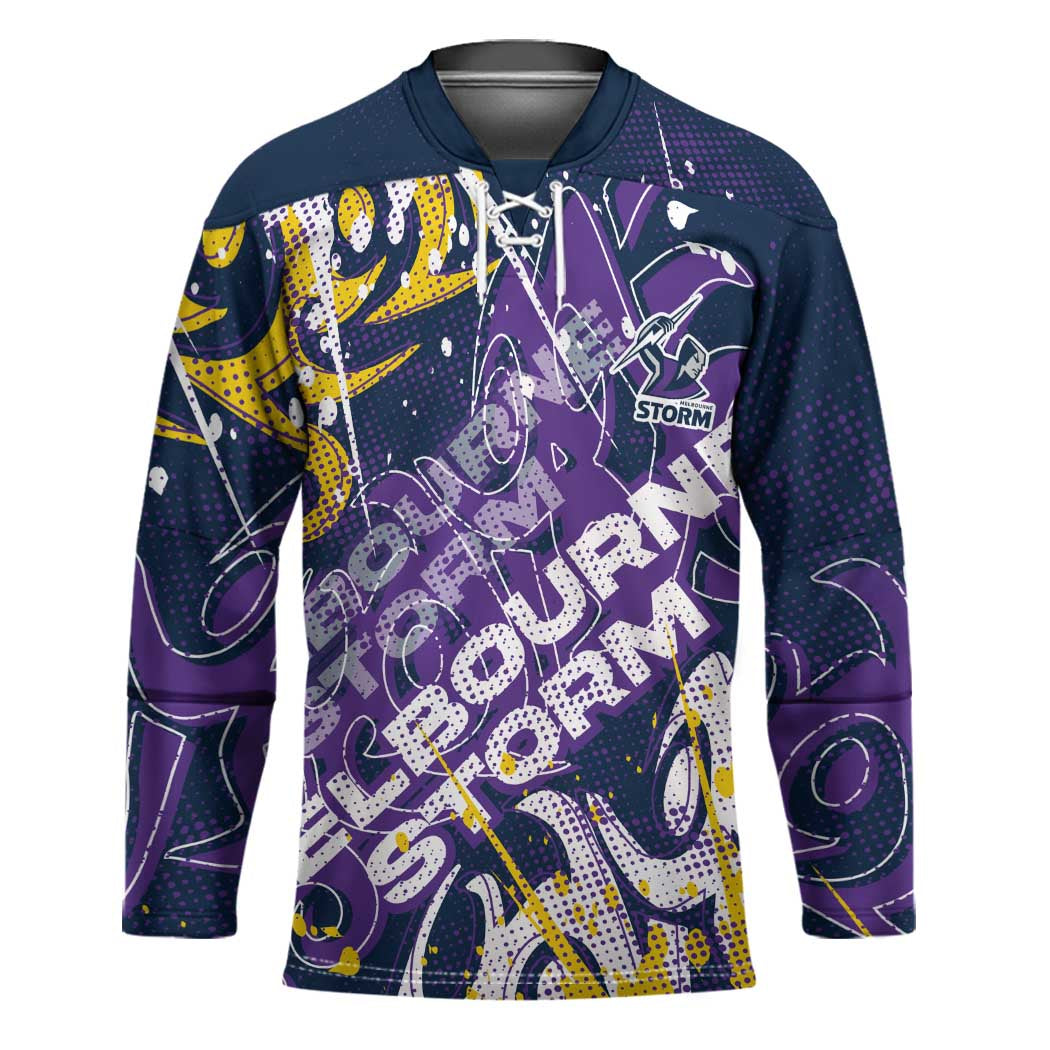 Personalized Melbourne Storm Rugby Hockey Jersey Urban Street Graffiti Style - Distressed Splatter Elements