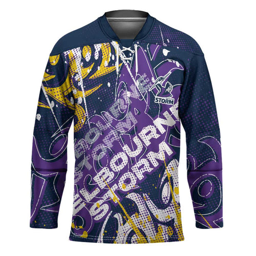 Personalized Melbourne Storm Rugby Hockey Jersey Urban Street Graffiti Style - Distressed Splatter Elements