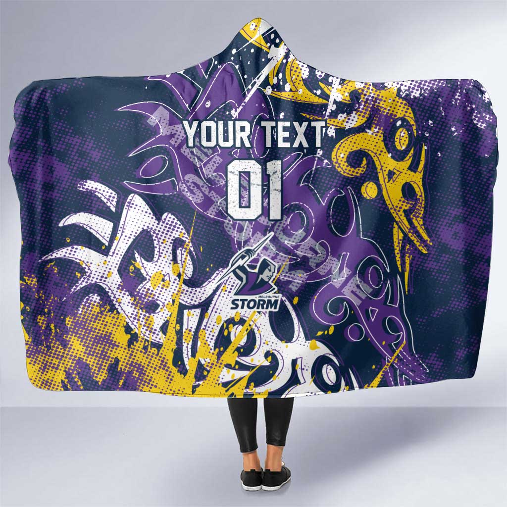 Personalized Melbourne Storm Rugby Hooded Blanket Urban Street Graffiti Style - Distressed Splatter Elements