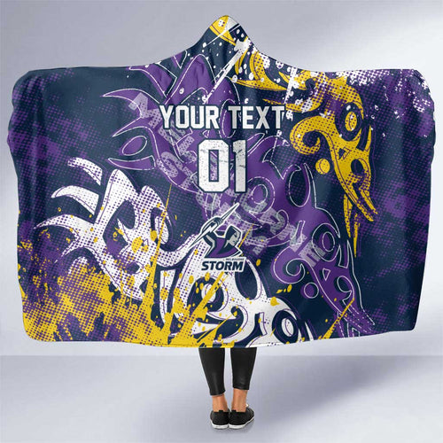 Personalized Melbourne Storm Rugby Hooded Blanket Urban Street Graffiti Style - Distressed Splatter Elements