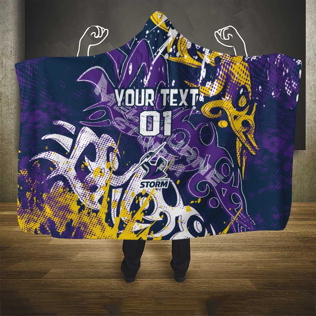 Personalized Melbourne Storm Rugby Hooded Blanket Urban Street Graffiti Style - Distressed Splatter Elements