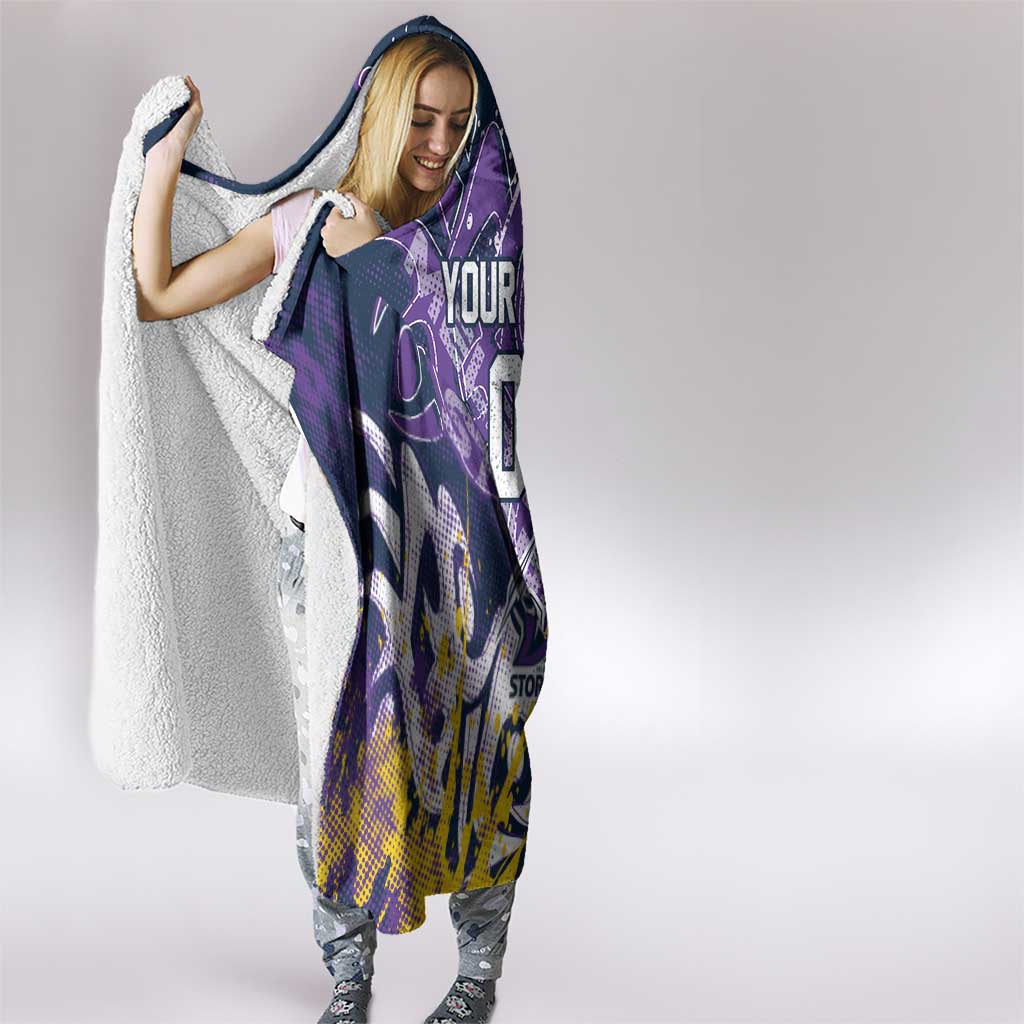 Personalized Melbourne Storm Rugby Hooded Blanket Urban Street Graffiti Style - Distressed Splatter Elements