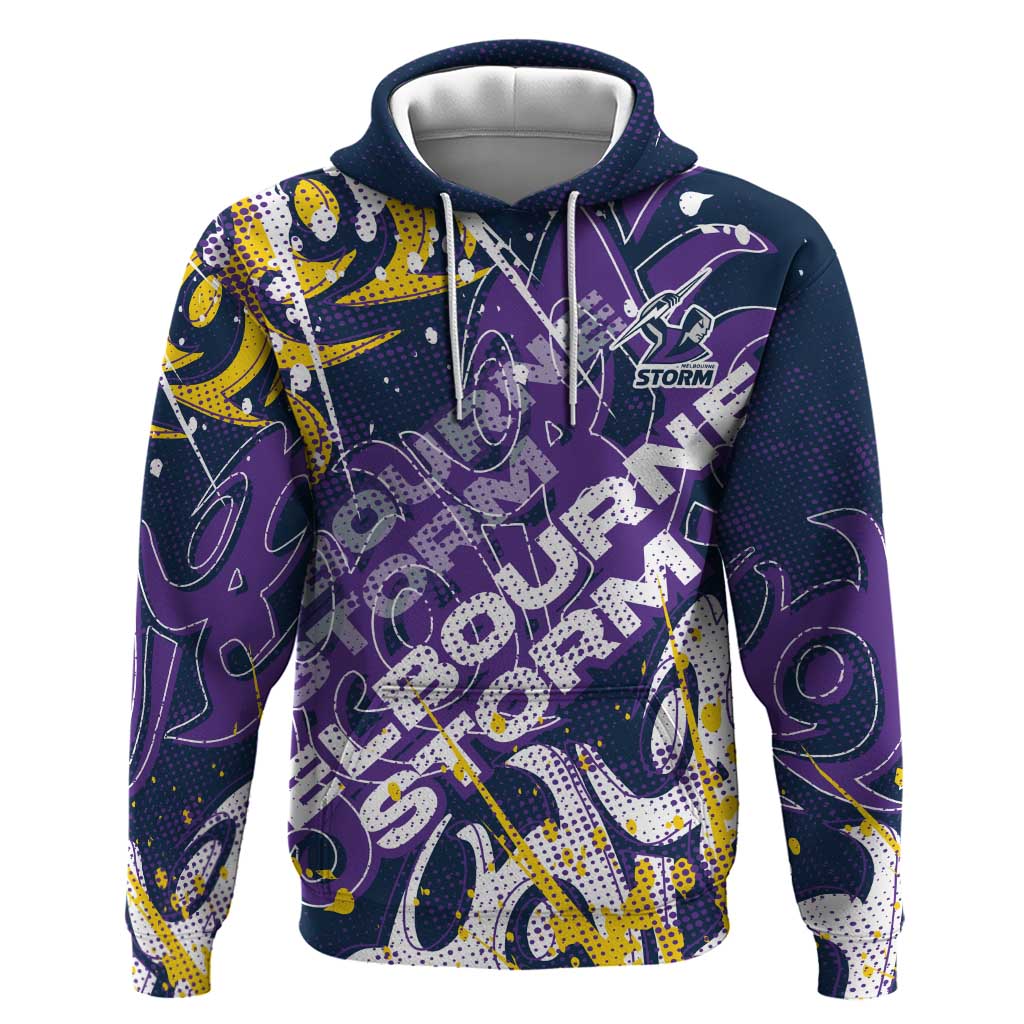 Personalized Melbourne Storm Rugby Hoodie Urban Street Graffiti Style - Distressed Splatter Elements