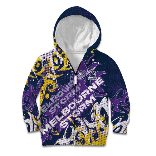 Personalized Melbourne Storm Rugby Kid Hoodie Urban Street Graffiti Style - Distressed Splatter Elements