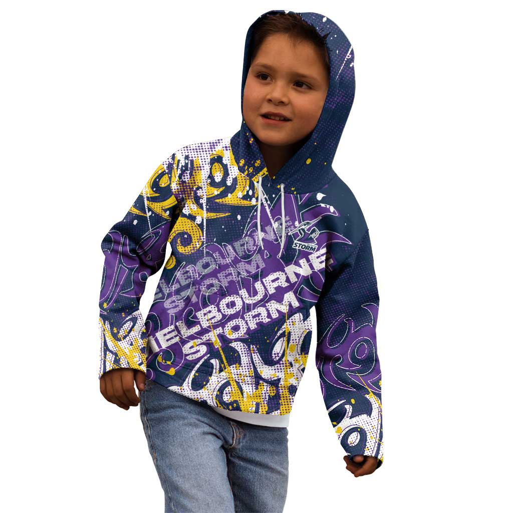 Personalized Melbourne Storm Rugby Kid Hoodie Urban Street Graffiti Style - Distressed Splatter Elements
