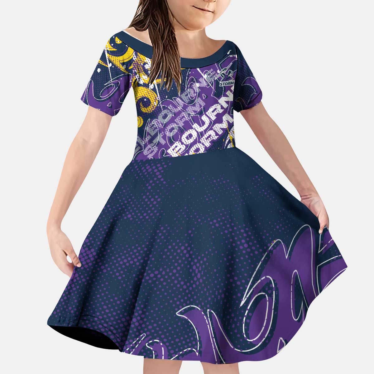 Personalized Melbourne Storm Rugby Kid Short Sleeve Dress Urban Street Graffiti Style - Distressed Splatter Elements