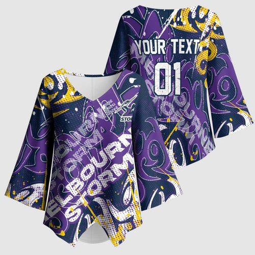Personalized Melbourne Storm Rugby Kimono Sleeve Blouse Urban Street Graffiti Style - Distressed Splatter Elements