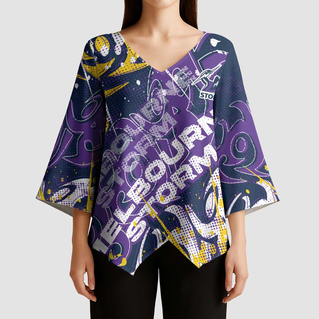 Personalized Melbourne Storm Rugby Kimono Sleeve Blouse Urban Street Graffiti Style - Distressed Splatter Elements