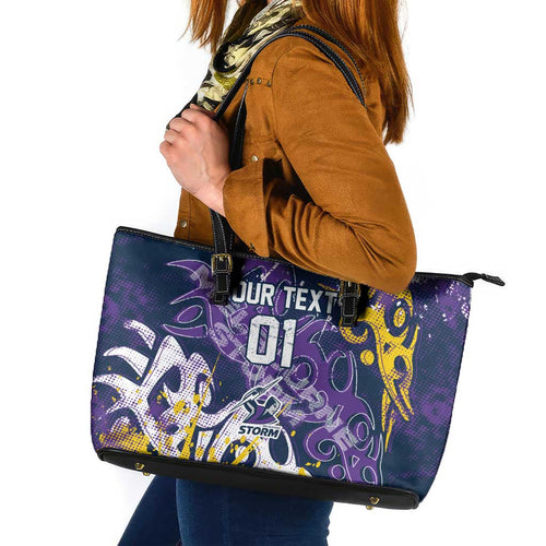 Personalized Melbourne Storm Rugby Leather Tote Bag Urban Street Graffiti Style - Distressed Splatter Elements