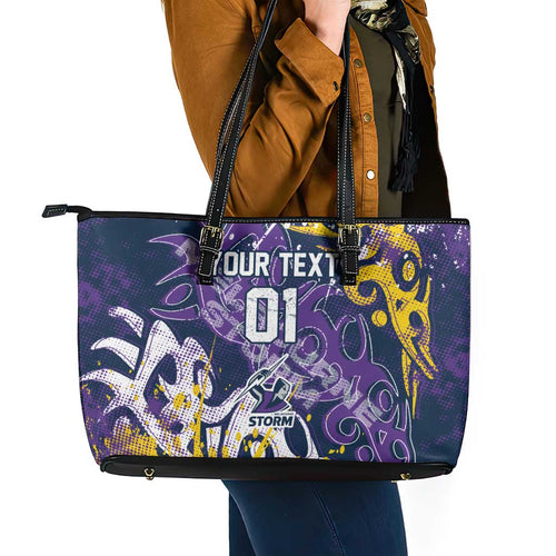 Personalized Melbourne Storm Rugby Leather Tote Bag Urban Street Graffiti Style - Distressed Splatter Elements