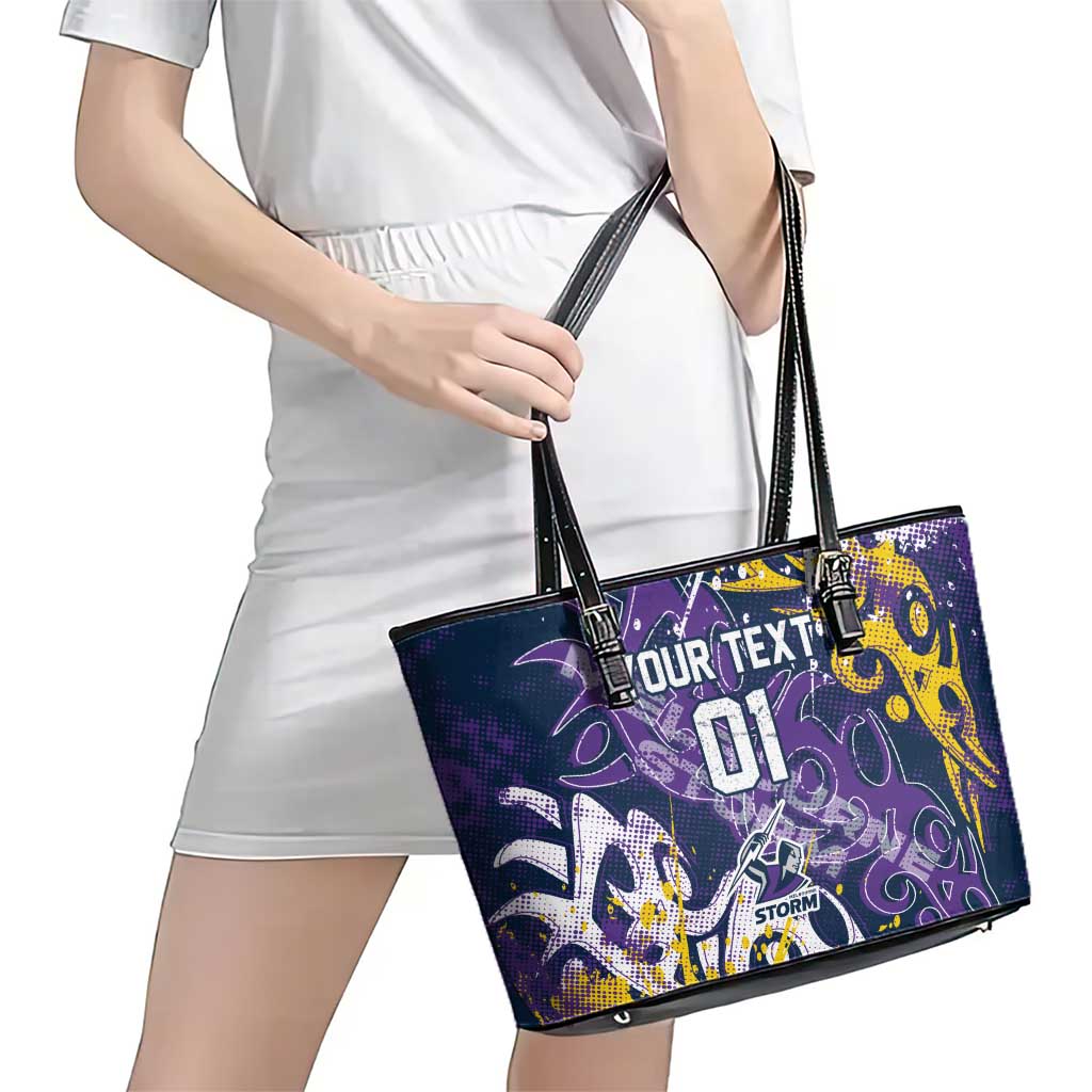 Personalized Melbourne Storm Rugby Leather Tote Bag Urban Street Graffiti Style - Distressed Splatter Elements