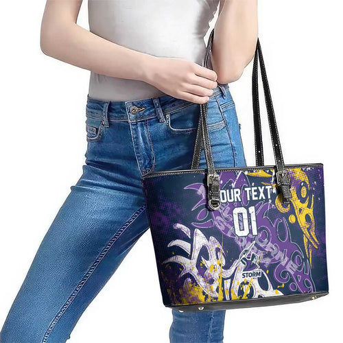 Personalized Melbourne Storm Rugby Leather Tote Bag Urban Street Graffiti Style - Distressed Splatter Elements