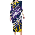 Personalized Melbourne Storm Rugby Long Sleeve Bodycon Dress Urban Street Graffiti Style - Distressed Splatter Elements
