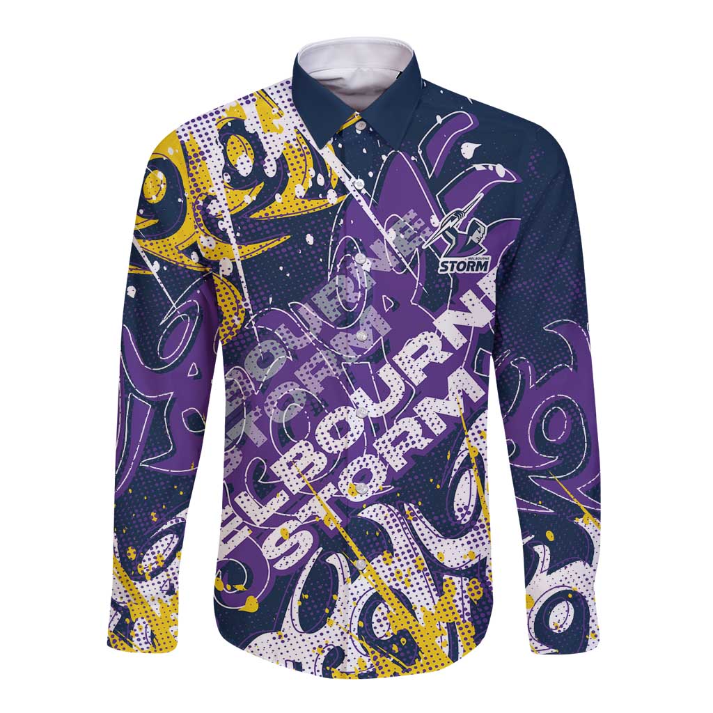 Personalized Melbourne Storm Rugby Long Sleeve Button Shirt Urban Street Graffiti Style - Distressed Splatter Elements