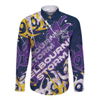 Personalized Melbourne Storm Rugby Long Sleeve Button Shirt Urban Street Graffiti Style - Distressed Splatter Elements