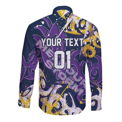 Personalized Melbourne Storm Rugby Long Sleeve Button Shirt Urban Street Graffiti Style - Distressed Splatter Elements