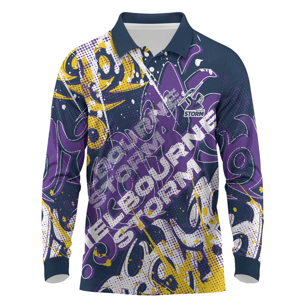 Personalized Melbourne Storm Rugby Long Sleeve Polo Shirt Urban Street Graffiti Style - Distressed Splatter Elements