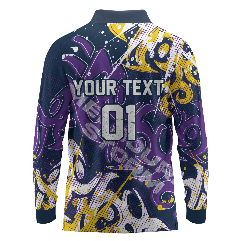 Personalized Melbourne Storm Rugby Long Sleeve Polo Shirt Urban Street Graffiti Style - Distressed Splatter Elements