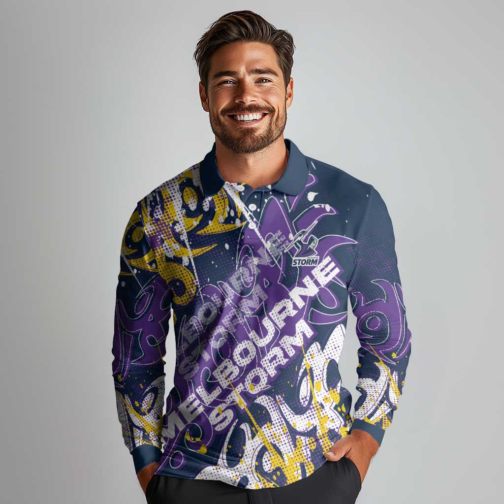 Personalized Melbourne Storm Rugby Long Sleeve Polo Shirt Urban Street Graffiti Style - Distressed Splatter Elements
