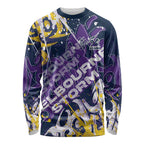 Personalized Melbourne Storm Rugby Long Sleeve Shirt Urban Street Graffiti Style - Distressed Splatter Elements