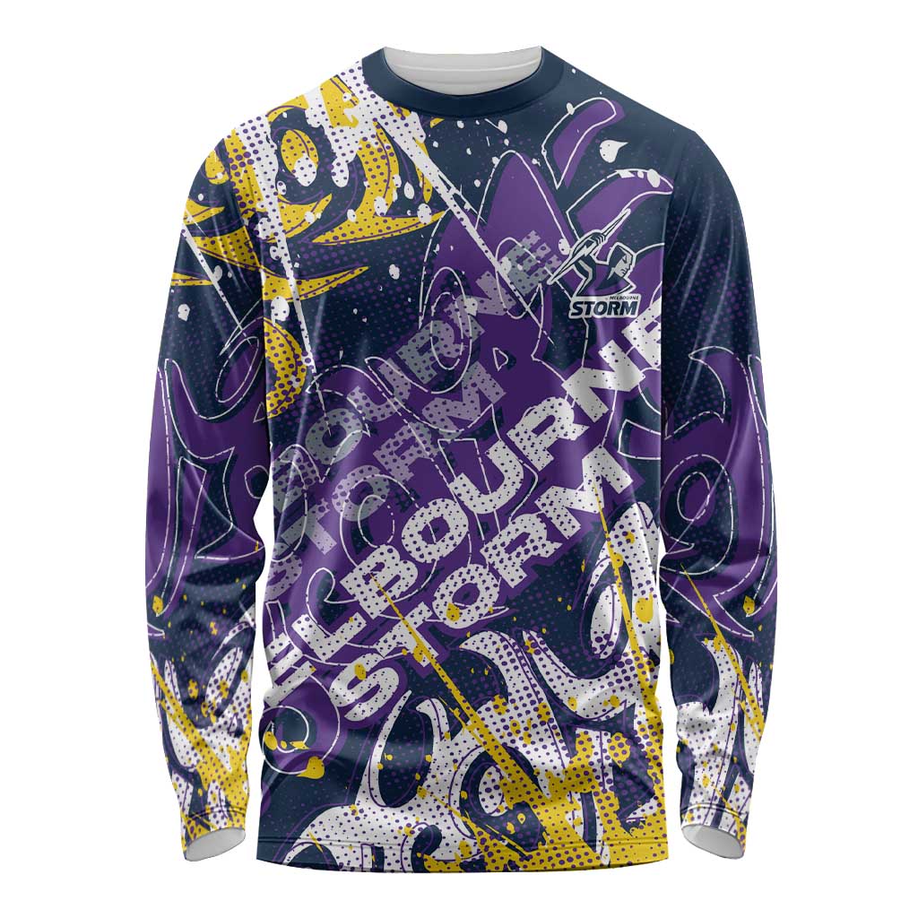 Personalized Melbourne Storm Rugby Long Sleeve Shirt Urban Street Graffiti Style - Distressed Splatter Elements