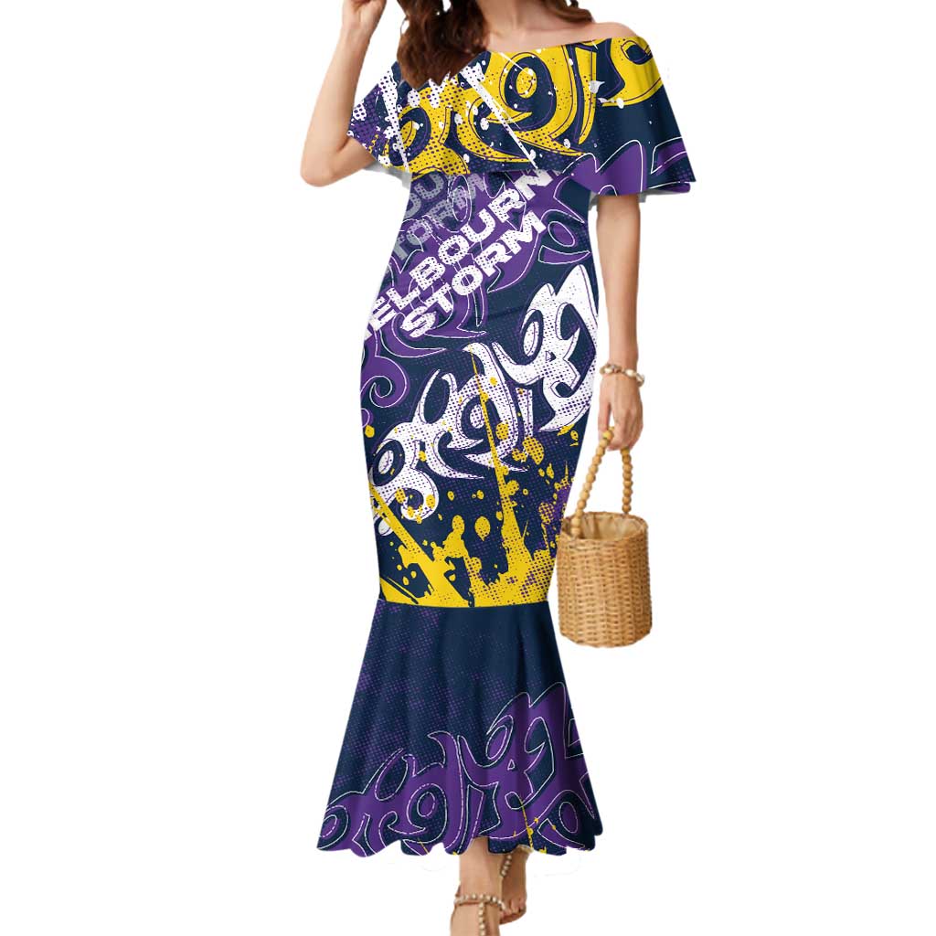 Personalized Melbourne Storm Rugby Mermaid Dress Urban Street Graffiti Style - Distressed Splatter Elements