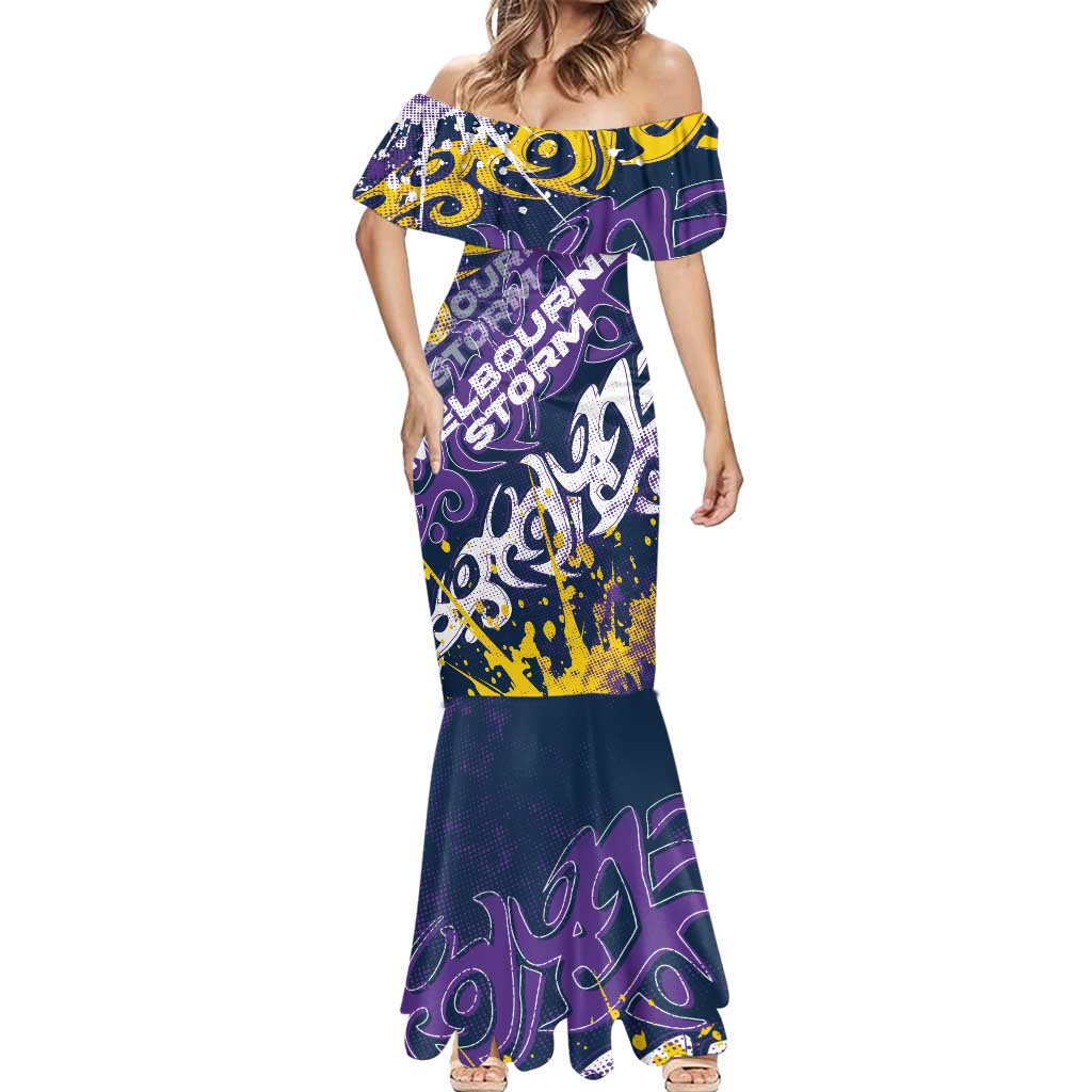 Personalized Melbourne Storm Rugby Mermaid Dress Urban Street Graffiti Style - Distressed Splatter Elements