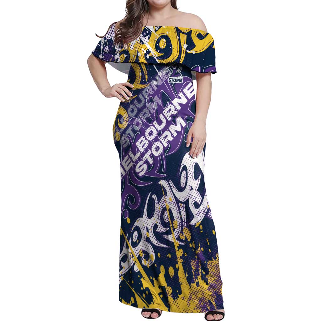 Personalized Melbourne Storm Rugby Off Shoulder Maxi Dress Urban Street Graffiti Style - Distressed Splatter Elements