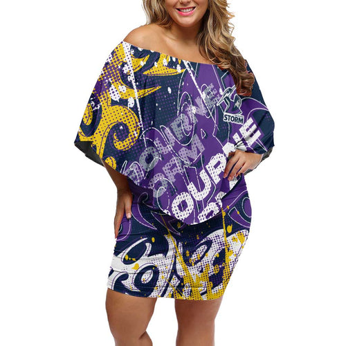 Personalized Melbourne Storm Rugby Off Shoulder Short Dress Urban Street Graffiti Style - Distressed Splatter Elements
