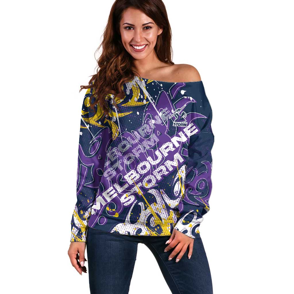 Personalized Melbourne Storm Rugby Off Shoulder Sweater Urban Street Graffiti Style - Distressed Splatter Elements