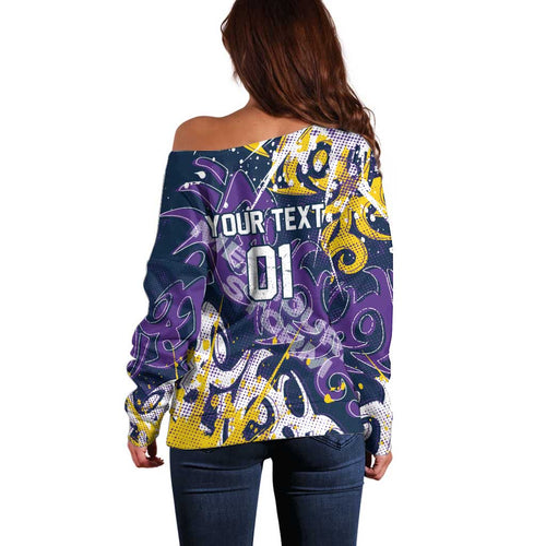 Personalized Melbourne Storm Rugby Off Shoulder Sweater Urban Street Graffiti Style - Distressed Splatter Elements