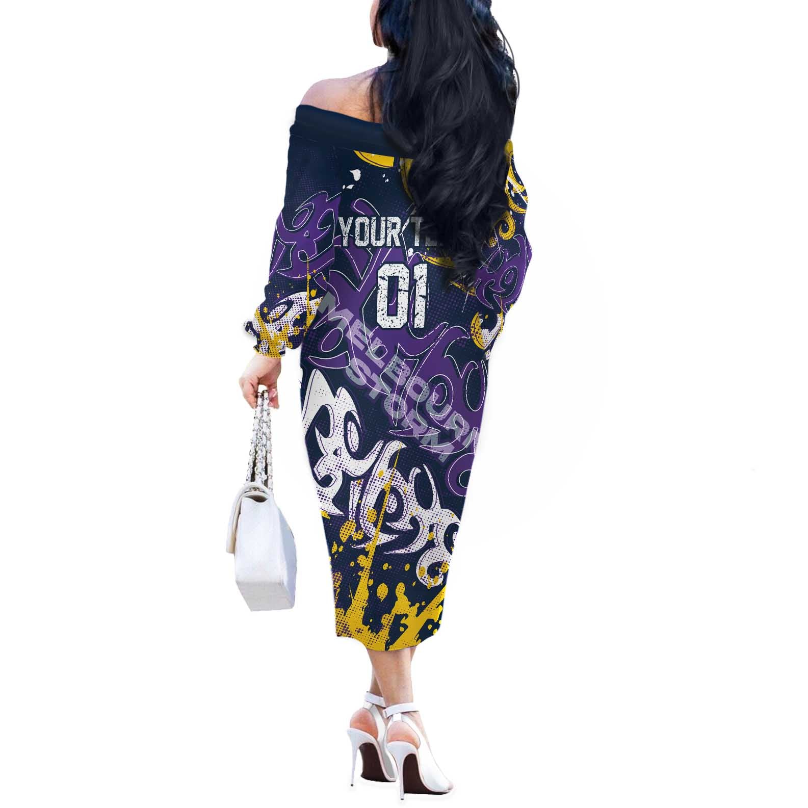 Personalized Melbourne Storm Rugby Off The Shoulder Long Sleeve Dress Urban Street Graffiti Style - Distressed Splatter Elements