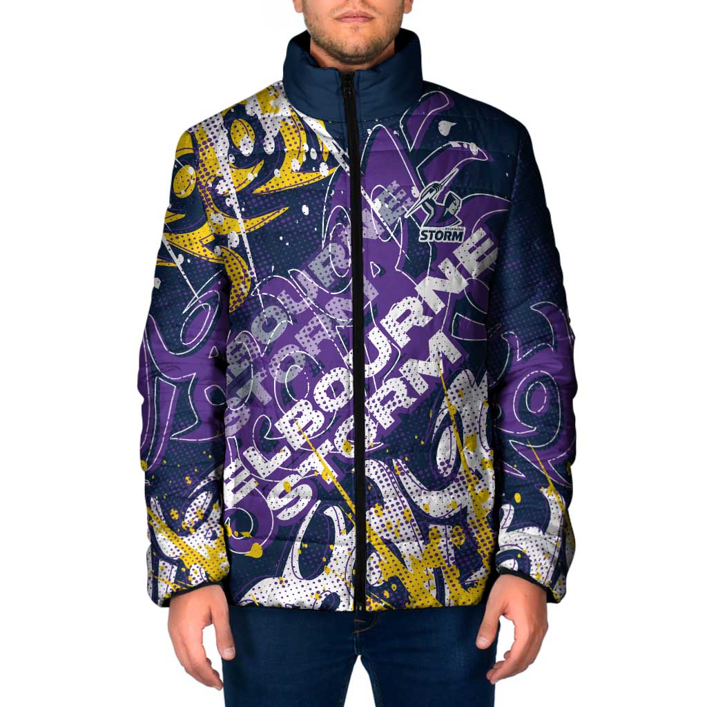 Personalized Melbourne Storm Rugby Padded Jacket Urban Street Graffiti Style - Distressed Splatter Elements